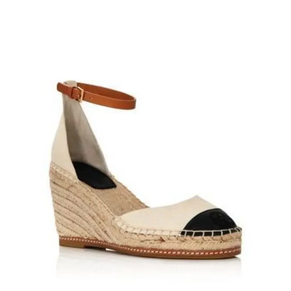 Tory Burch Cream & Black Espadrille Wedge with Tan Ankle Strap